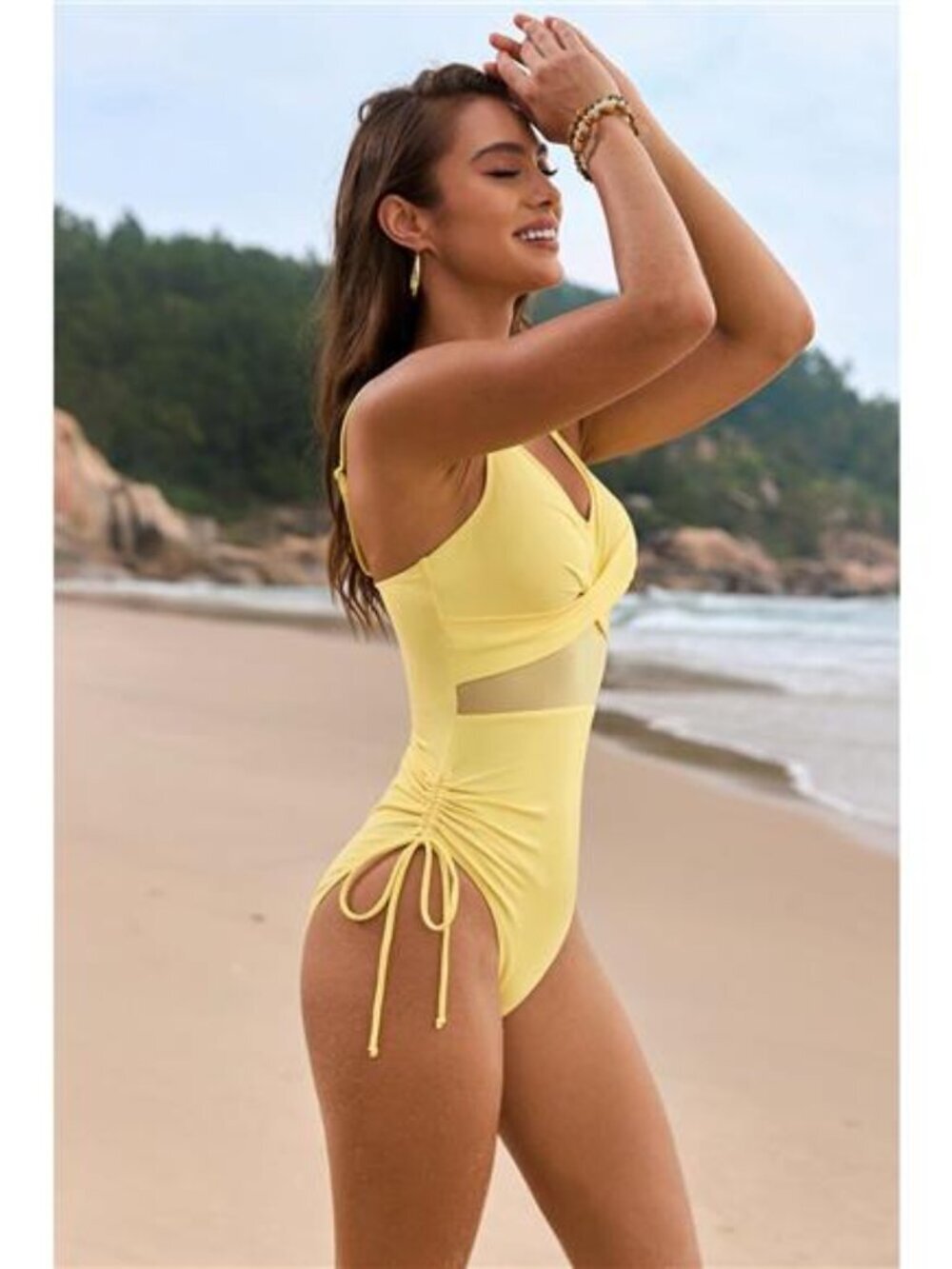 Drawstring Ruched V-Neck One-Piece Swimwear - Picture 3 of 15